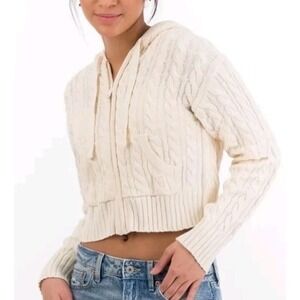 American Eagle Cropped Zip Up Cable Knit Sweater w/Hood Off White Women's Sz Lg